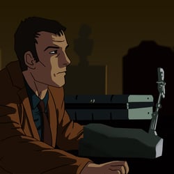 Deckard führt den Voight-Kampff-Test durch (Figur ich, Hintergrund Alex Zwerger)