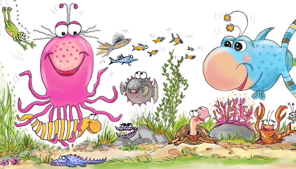 Meerestiere, Kinderbuchillustrationen, Krake, Fische