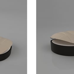 Sonnenliege im Muscheldesign. Das Dach läßt sich ganz bequem liegend hoch und runter bewegen.