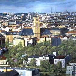 Berlin-Panorama Schöneberg, Eitempera u. Öl/Lw, 100×120 cm, 1995