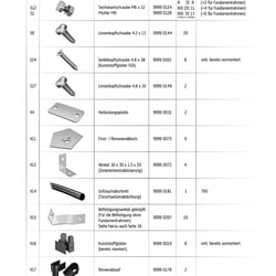 Übersicht der benötigten Verbindungselemente, Schrauben und Dichtungen mit Artikelnummern und Abmessungen.