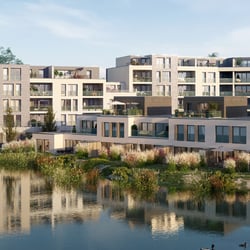 3D Architekturvisualisierung – Wohnanlage und Reihenhäuser am See