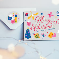 Design und Illustration eines Weihnachtsmotivs und Umsetzung auf Klappkarte, Sticker, Geschenkpapier u. a.