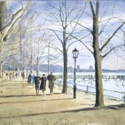 Greenwichpromenade Tegel, Radierung, aquarelliert, 24×32 cm, 1988