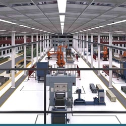 3D-Visualisierung von einer virtuellen Industriehalle mit unterschiedlichen farblichen Bereichen