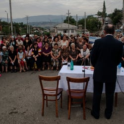 Candidate for a president of Nagorno Karabakh Bako Sahakyan is having meeting with people in Stepanakert.