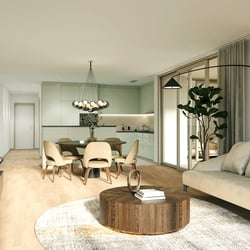 3D Rendering Wohnbereich mit Küche