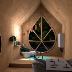 Gemütliches, minimlistisches Holzhaus Interior bei Nacht