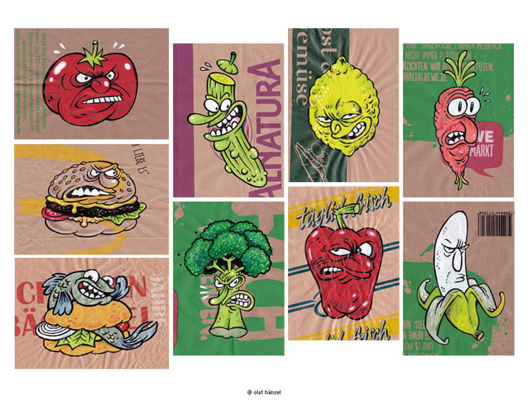 Diverse schlecht gelaunte Lebensmittel / Acrylmarker auf Papiertüten