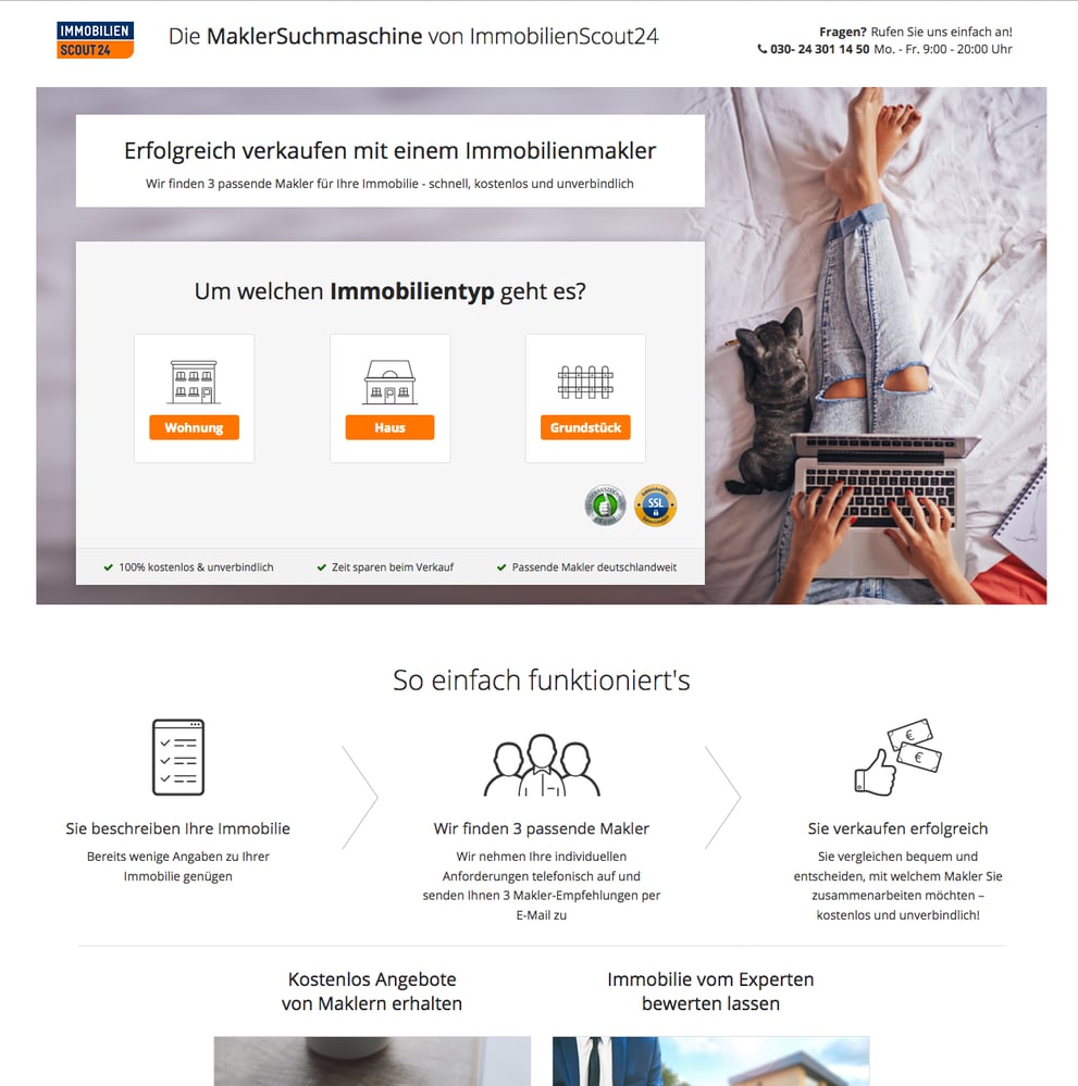 In Zusammenarbeit mit Immobilienscout24 übernahm ich das Design und die Umsetzung der Landingpage für die Maklersuchmaschine