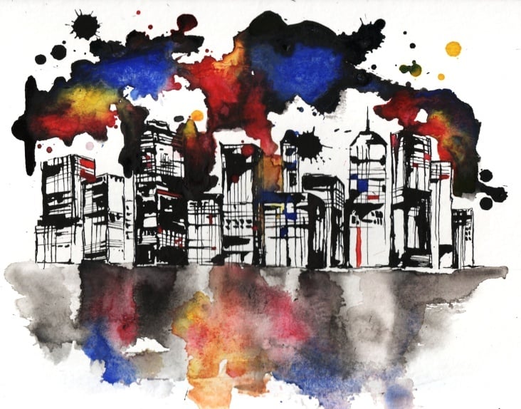 Aquarell mit Tusche