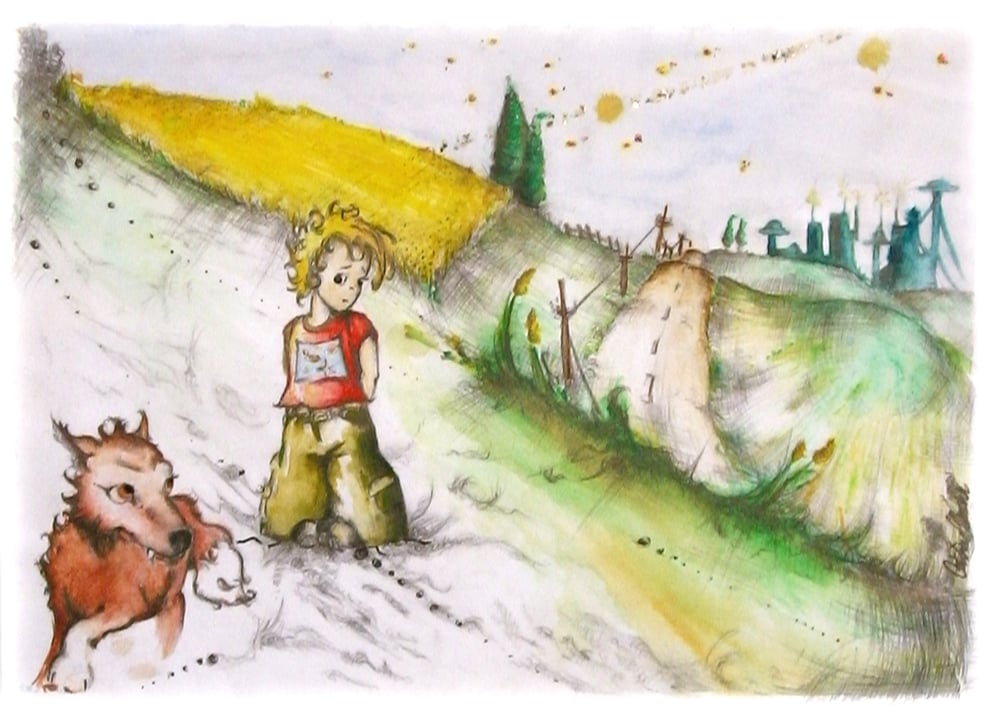 Zu „Der kleine Prinz“ von Antoine de Saint-Exupéry, Kapitel XXI, Aquarell, Aquarellstift, Bleistift