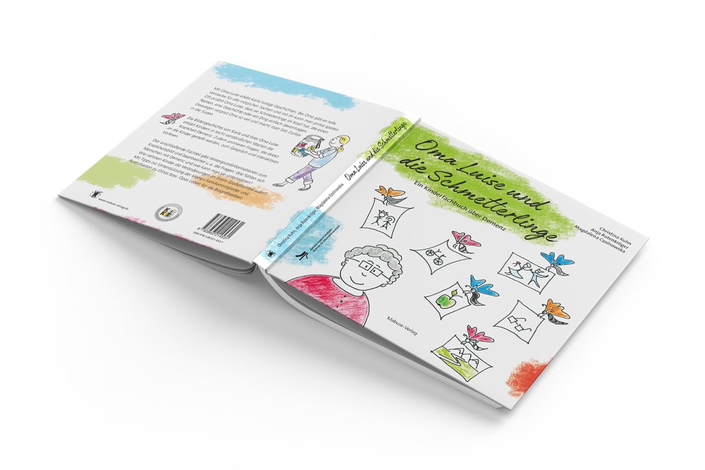 Einbandgestaltung für Kinderfachbuch »Oma und die Schmetterlinge« des Mabuse-Verlags, Titel und Rückseite