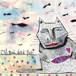 Cat and dead fish, ink & watercolour 2008