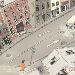 Kinderbuch „The woman behind the bus“ Doppelseite, freie Arbeit
