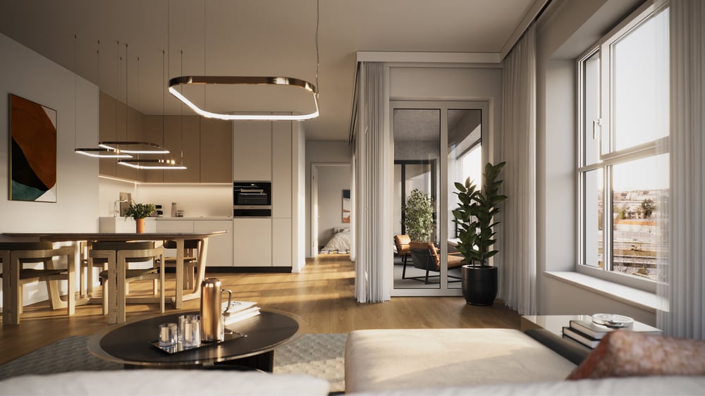 Innenvisualisierung einer lichtdurchfluteten und modernen Wohnung