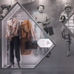 Das Schaufenster zeigt diverse Berliner Outfits, hinterlegt mit Frauenbildern des vergangenen Jahrhunderts
