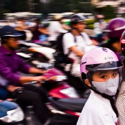 A young girl wearing a helmet in rush hour traffic in Saigon, Vietnam.