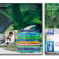Produktkatalog im Lang-DIN-Format mit Farbleitsystem wie am POS (Teil des neuen Konzepts), Aquaristik-Lexikon, Response-Karte)