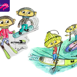 Tshirtmotive: Maxl und Franzi beim Wintersport und Stand up Paddeln