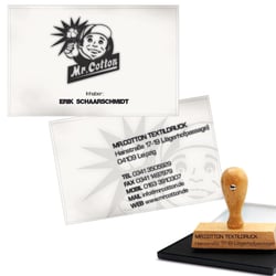 Mr. Cotton Textildruck – Adressdaten werden individuell per Stempel aufgebracht.