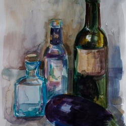 Stillleben Glanz (Flaschen und Aubergine), 2017, Aquarell auf Papier, 21cm x 29,5cm