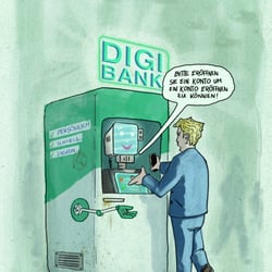 Titel: IRGENDWANN IN DER DIGITALEN GEGENWART – Digibank Artist: Mynt Format: DIN A3 Material: Digital, Photoshop