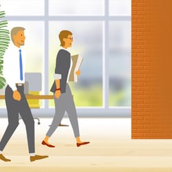 Büroflur-Szene auf der verschiedene Personen unterwegs sind …