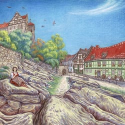 Auftrag: Portrait am Hotel Domschatz, Buntstift (Polychromos) auf Zeichenkarton