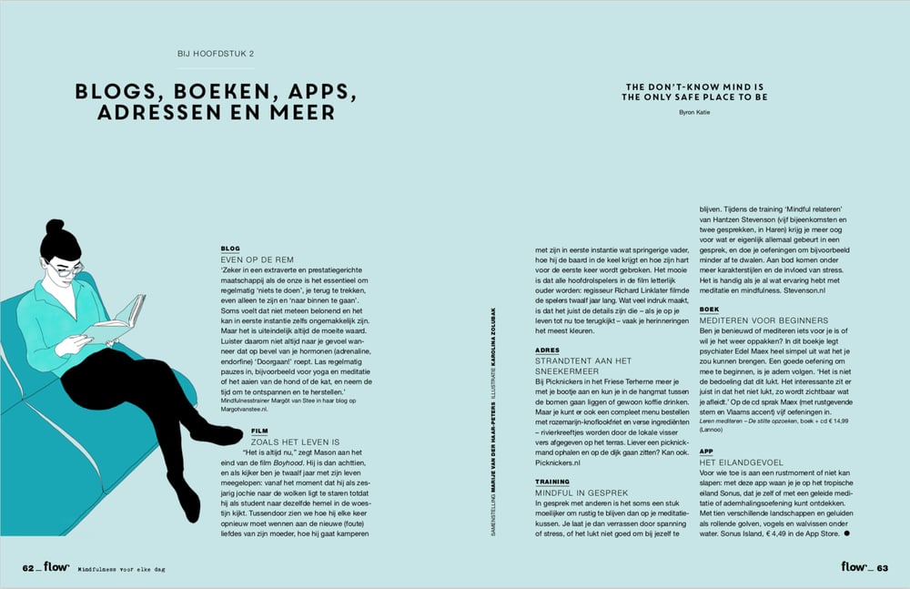 Lesen – Illustration für Flow Magazin Artikel über Bücher, Blogs und mehr zum Thema Achtsamkeit