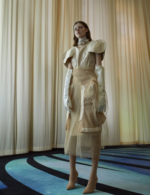 Model wearing Dolce&Gabbana, Comme des Garçons, Prada