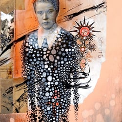 Timeline 3, mixed media on wooden body, 40 × 20 cm