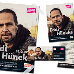 Design von Flyer, Poster und Eintrittskarte für das Konzert von Eddi Hüneke beim Stajupfa / Evangelische Jugendkirche Wiesbaden