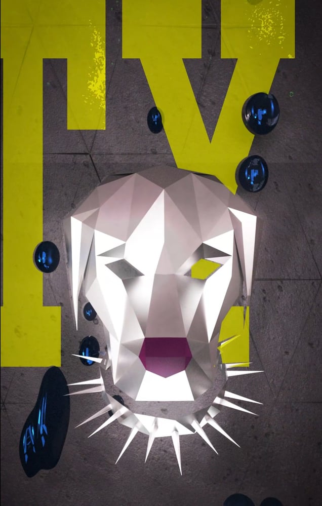 A low-poly white dog head with a spiked collar, dark glossy liquid droplets, distressed yellow typography, and a concrete backg