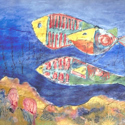 Drei Fische im Korallenriff, Mischtechnik, 36×53 cm, 1997