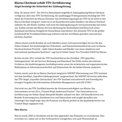Klarna-Checkout erhält TÜV-Zertifizierung (Pressemitteilung)