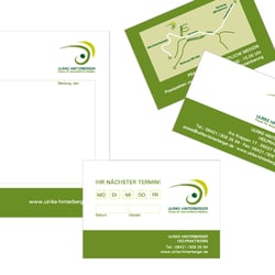Terminblock, Rezeptblock und Visitenkarte mit Anfahrtsskizze