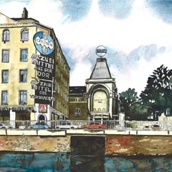 Theater am Schiffbauerdamm, Mitte (Berliner Ensemble), Radierung, aquarelliert, 24×32 cm, 2005