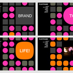 Corporate Website PLAYFRAME, Entwurf (simple Animation mit 4 Formen, die Teil des CDs sind)