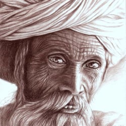 Alter Mann aus Rajhastan, Indien – Sepia-Kohle