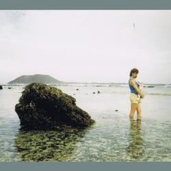the artist as a baby time traveling with his father at the lagoon landscape of the Upper Jurassic 150 mio. years ago