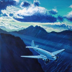 Douglas DC-3 der China Air beim Flug über „The Hump“. Öl auf Ölkarton.