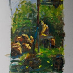 Kathze im Garten, 2018, Acryl auf Pappe, 42cm x 59,5