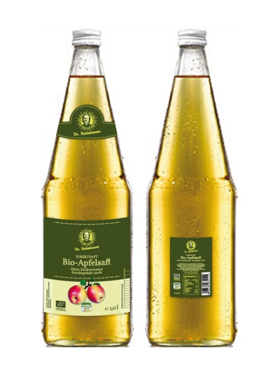 Etiketten Dr. Rubenbauers Bio-Apfelsaft appliziert