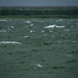 Geierswalder See in der Lausitz bei stärkerem Wind, Deutschland 2020.