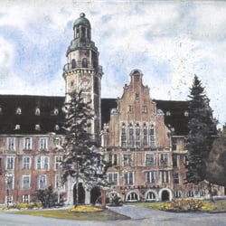 Rathaus Reinickendorf, Radierung, aquarelliert, 24×32 cm, 1988
