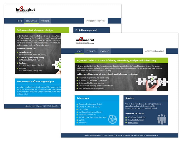 Webdesign für die inQuadrat GmbH, Lüneburg