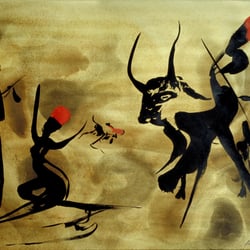 Drei Jäger mit Stier 2, Aquarell/Tusche, 47,5×64 cm, 1989
