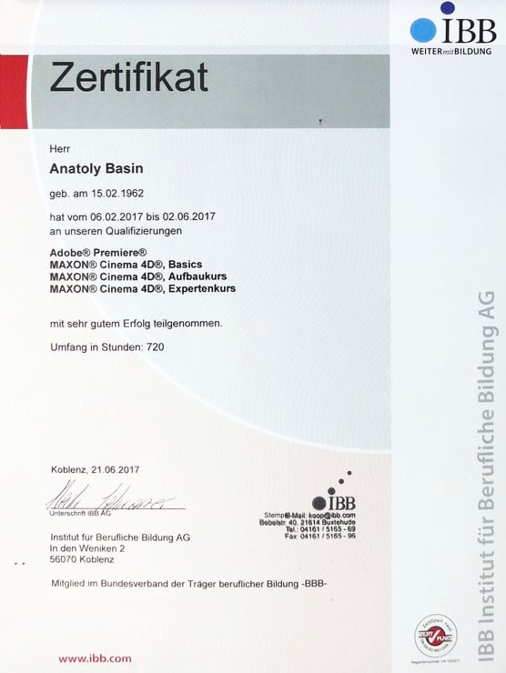Zertifikat / Zeugnis zur Qualifizierung Maxon Cinema4D Expertenkurs