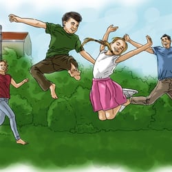 Coloriert – Glückliche Familie im Garten